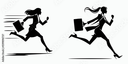 Business woman running late. Corporate Finance Cartoon Minimal Clipart Line Art Vector Illustration. Executive female delayed hurry management rush career professional.