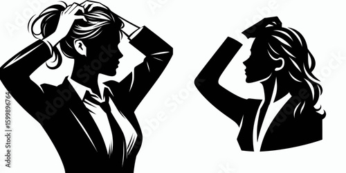 Business woman scratching head. Corporate Finance Cartoon Minimal Clipart Line Art Vector Illustration. Executive pondering problem female professional trying solve tough challenge.