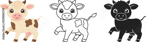 Cute cartoon baby cow vector illustration drawing coloring page silhouette farm animal graphics design vector