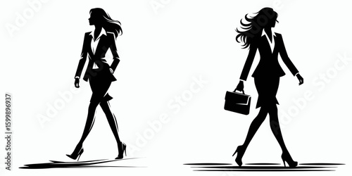 Business woman striding confidently. Corporate Finance Cartoon Minimal Clipart Line Art Vector Illustration. Female professional walking forward with assurance executive on the move.