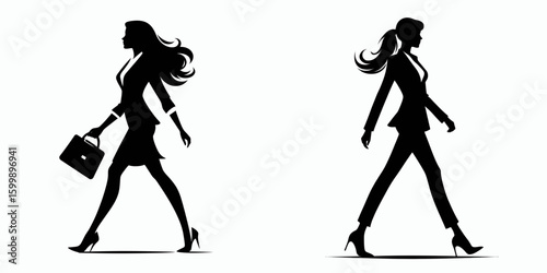 Business woman striding confidently. Corporate Finance Cartoon Minimal Clipart Line Art Vector Illustration. Female executive walking forward with assurance showing career power.