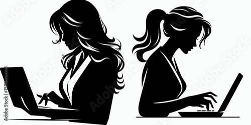 Business woman typing on laptop. Corporate Finance Cartoon Minimal Clipart Line Art Vector Illustration. Female professional working using notebook for job task at workplace.