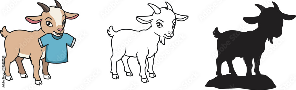 Fototapeta premium Goat cartoon vector illustration set, goat with shirt, line art and silhouette goat images vector art vector