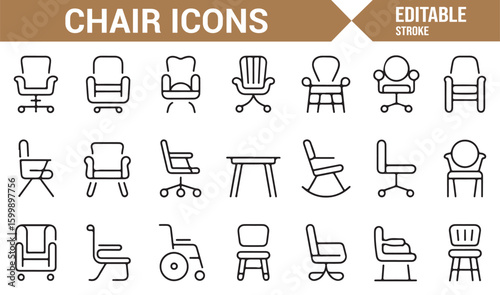 Icons for adjustable, ergonomic, and modern chairs in various styles