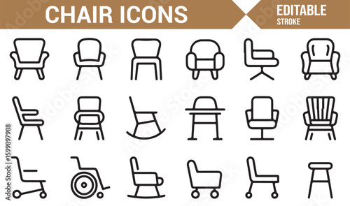 Complete set of chair icons for furniture, design, and decor applications