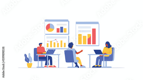 People working on laptops with charts and graphs displayed in a business meeting scenario setup here