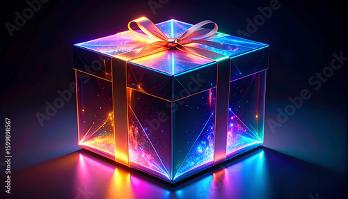 Neon Gift Box with Glowing Present.