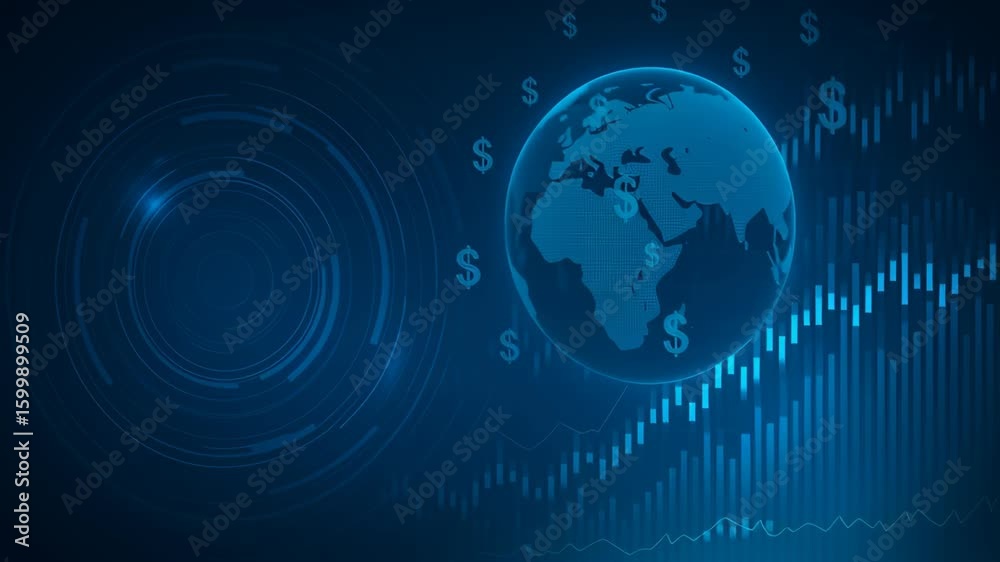 Tariff, trade war. Global finance digital economy growth with blue globe and dollar symbols showing technology and economic progress data