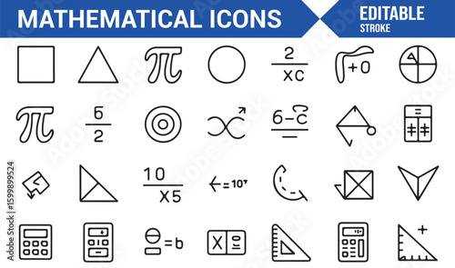 Mathematical equations and shapes, including basic math and geometry symbols