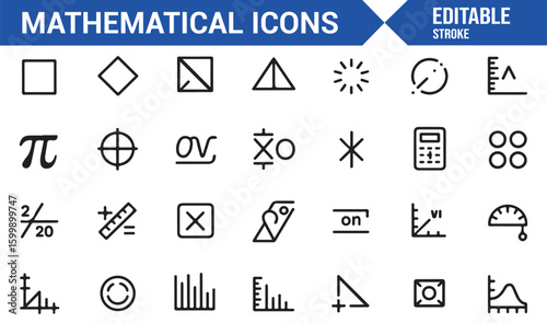 Collection of math-related vector icons for formulas, calculations, and symbols

