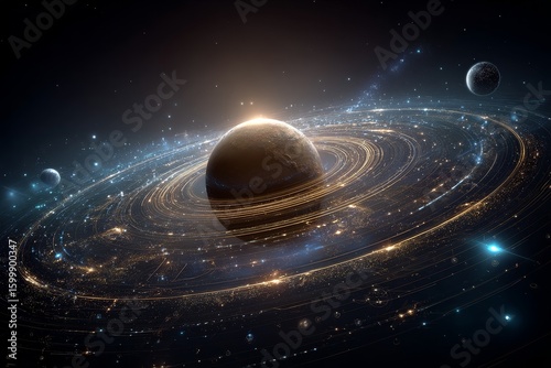 Cosmic view of planets and glowing rings in a vast galaxy with stars, illuminated particles, and celestial surroundings