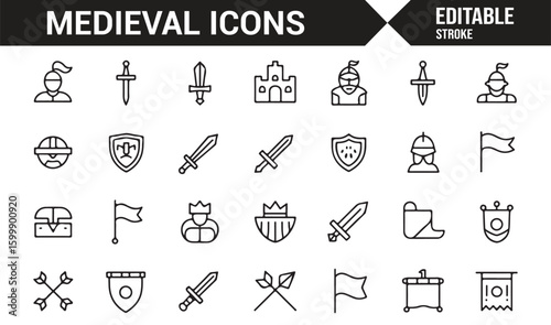 Set of medieval icons featuring knights, swords, shields, and flags