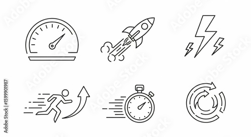 Speed and Acceleration Line Icon Set – Vector Fast Movement, Rocket, Speedometer, Lightning, Growth Symbols