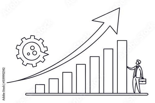 ontinuous line drawing of graph with increasing arrow up on white background. Illustration vector of bar chart. Single line art of business growth. Object one line of flat icon sign symbo