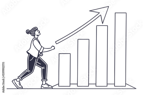 ontinuous line drawing of graph with increasing arrow up on white background. Illustration vector of bar chart. Single line art of business growth. Object one line of flat icon sign symbo