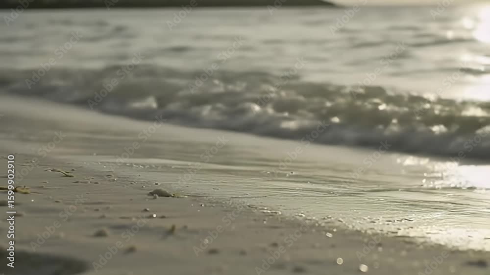 Gentle Waves Lapping on Sandy Beach at Sunset A Serene Coastal Scene with Sparkling Water and Golden Light Gentle Waves Lapping on Sandy Beach at Sunset A Serene Coastal Scene with Sparkling Water and Golden Light