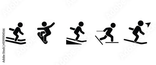 Flat icon set of Winter sports. People on ski, skate, snowboard. Figure skating on ice, downhill skiing, cross country and alpine skiing on snow. Vector illustration in transparent background.