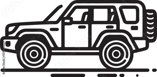 Black and white line art illustration of an off road vehicle with a spare tire offload transport  vector illustration line art EPS file download