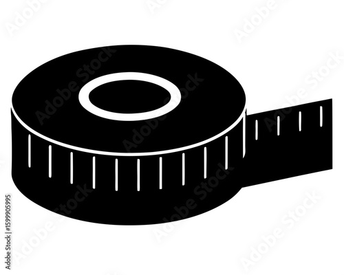 A black silhouette of a measuring tape showing the circular reel and a partially extended strip with measurement markings is isolated