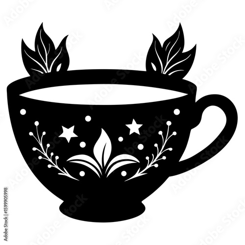 A black silhouette of a decorative teacup filled with a beverage adorned with floral patterns and leaves