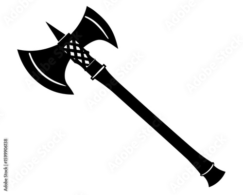 A black silhouette of a doubleheaded battle axe with a detailed handle is displayed against a white background