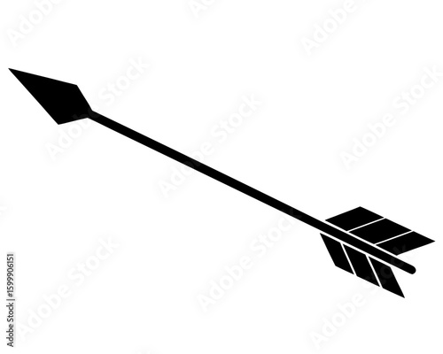 A black silhouette of an arrow with a pointed tip and fletching depicted in flight on a white background symbolizing direction or aim