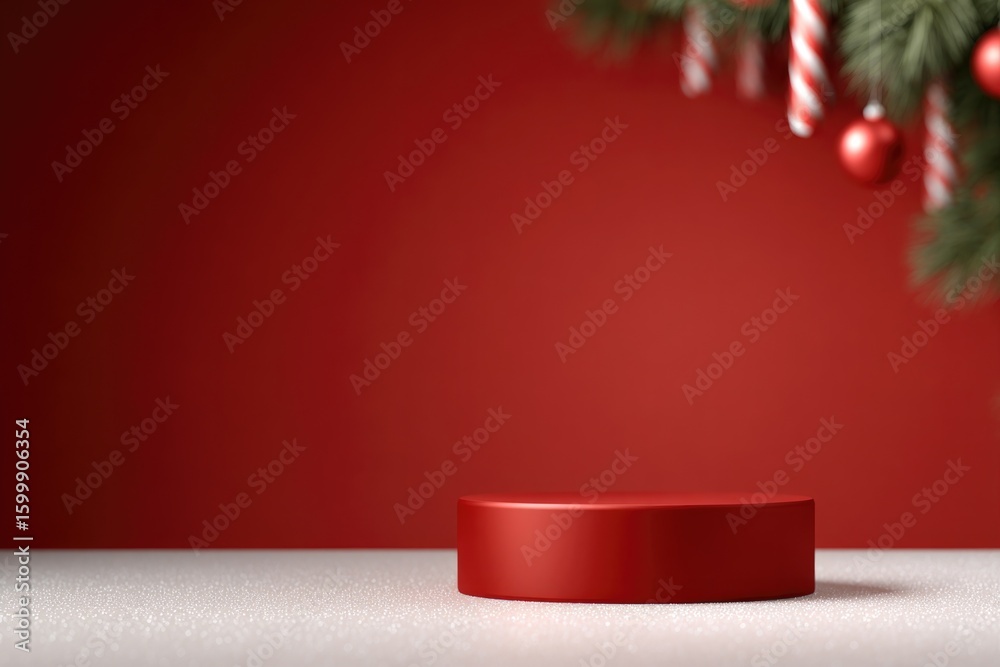 Fototapeta premium Bright red podium surrounded by festive decorations creates warm