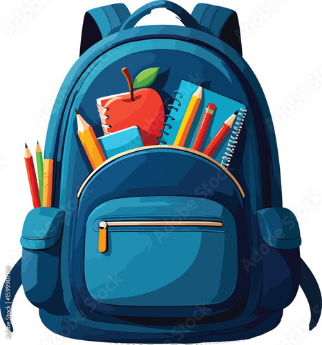 Blue backpack filled with school supplies including pencils notebooks and an apple vector illustration EPS file download