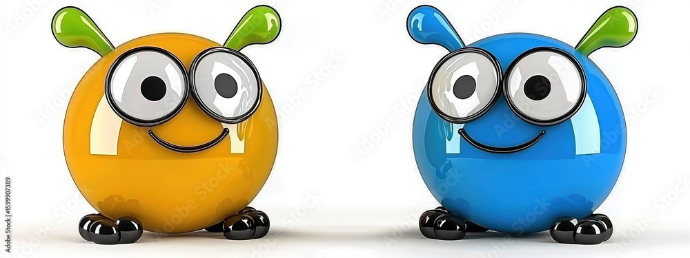 Fototapeta premium Playful Orange and Blue Cartoon Creatures with Large Eyes on White Background