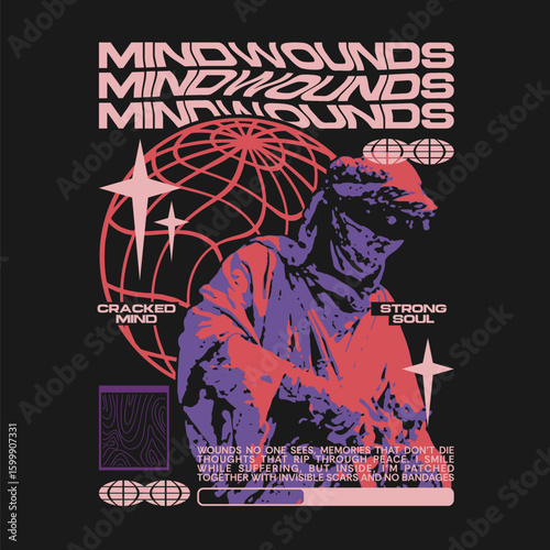 Mindwounds urban streetwear t-shirt design, Cracked mind poster art, Strong soul graphic print, Digital aesthetic statue tee