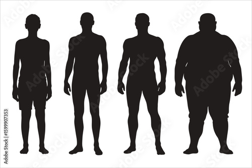 Silhouette set of men in different body weights from thin to fat