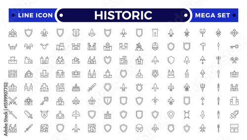 Historic Outline icon set. Heritage Center icon set. Contain linear outline icons historical, guide, expo, culture, al, sculpture, museum and more.
