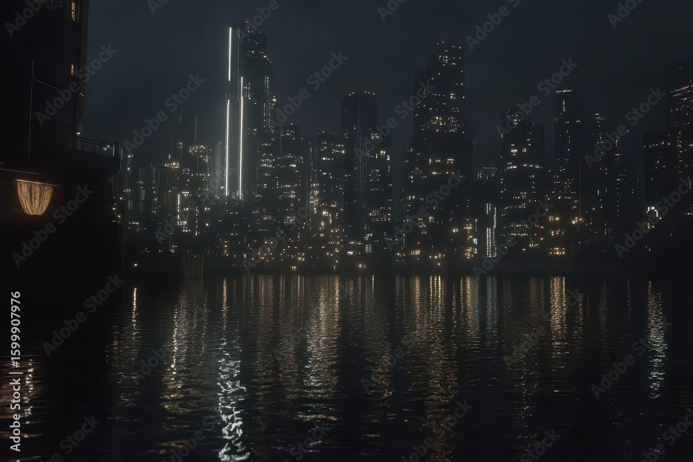 Obraz premium City lights reflecting on a still body of water at night.