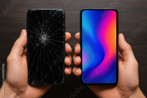 Person holding a phone with a broken screen.
