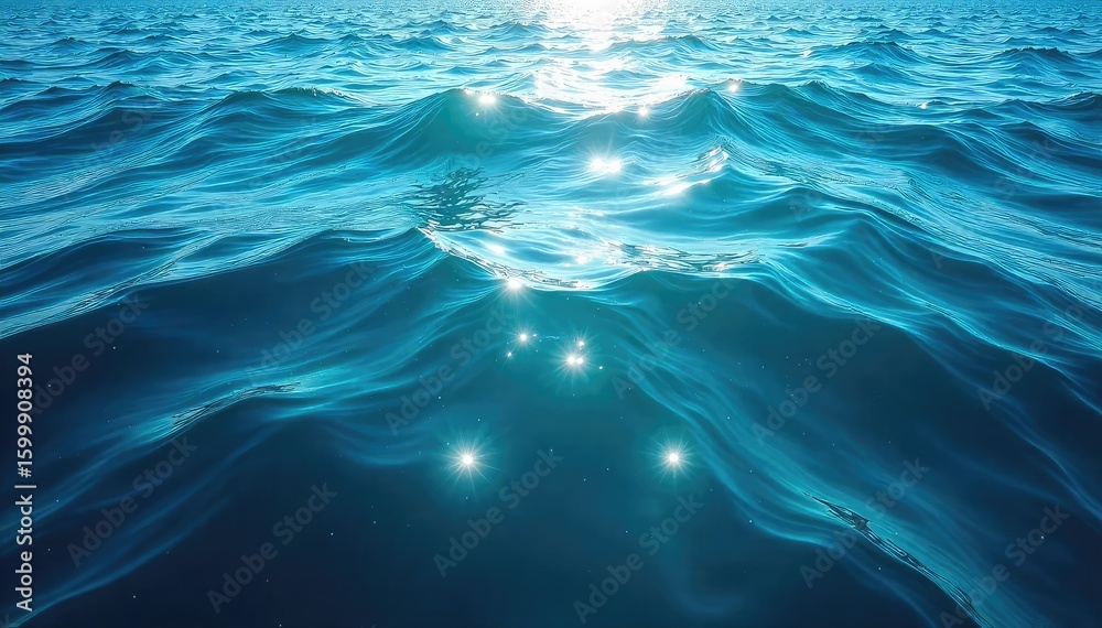 Fototapeta premium Vast expanse of deep blue ocean water, sunlit surface reflecting light, gentle waves rolling Perfect for travel, nature, and environmental themes , summer, immense, beauty