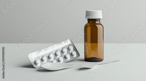 A brown glass medicine bottle with a white cap placed next to a spoon