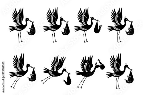Storks Delivering Babies: A set of eight charming black and white line art illustrations depict storks gracefully carrying newborns in swaddles, symbolizing new life and parenthood.