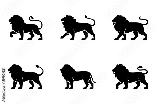 Six Majestic Lions: A set of elegant black and white line art lion illustrations, showcasing various poses in a minimalist style, perfect for logo design or branding.
