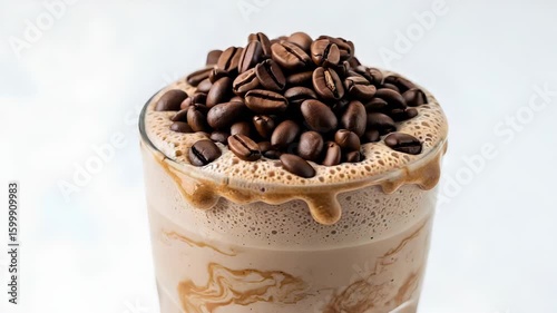Iced Coffee Milkshake Topped with Coffee Beans Caramel Drizzle and Frothy Texture on Clear Glass Against White Background