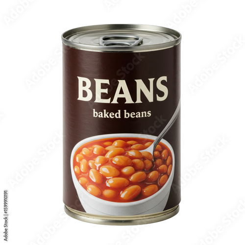 A can of baked beans with a sticker bowl of beans and a spoon on transparent background