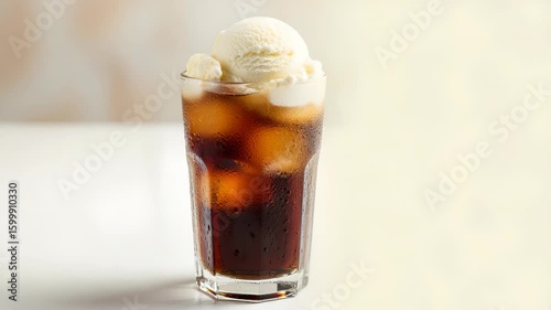 Iced Root Beer Float with Vanilla Ice Cream in a Glass on White Marble Surface