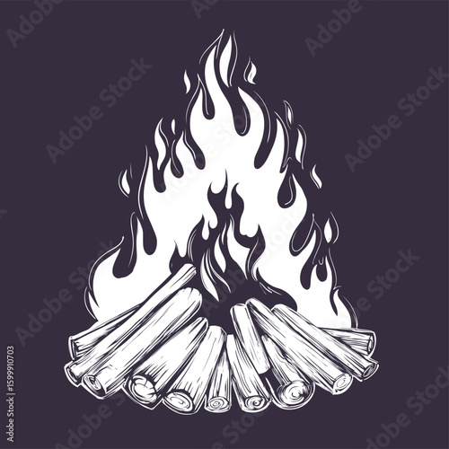 fire emblem, rest in the forest, camping hand drawn vector illustration realistic sketch