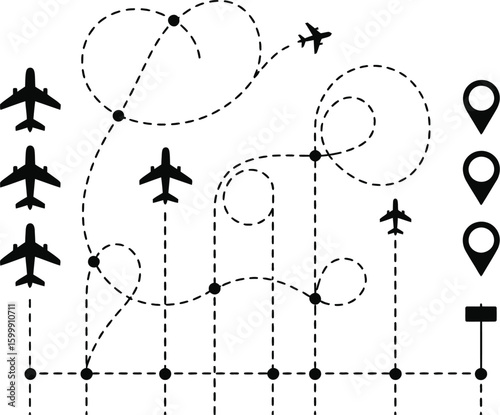 A line with a plane and a line with a route that says " travel ".
