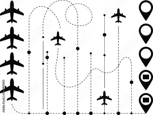 A line with a plane and a line with a route that says " travel ".
