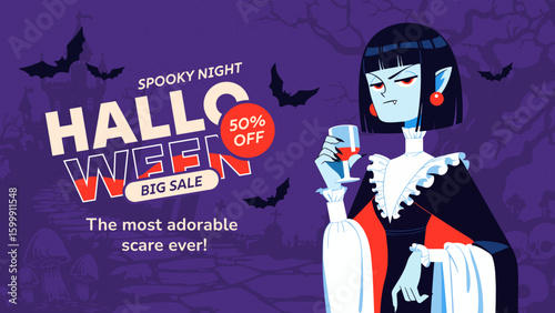 Halloween vampire banner with text - spooky female character sale promo