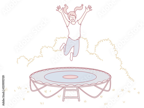 A joyful child with their arms raised high happily jumps with enthusiasm on a colorful trampoline outdoors in nature
