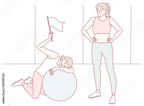 A humorous take on workout challenges, featuring a person with a fitness ball and a supportive friend.