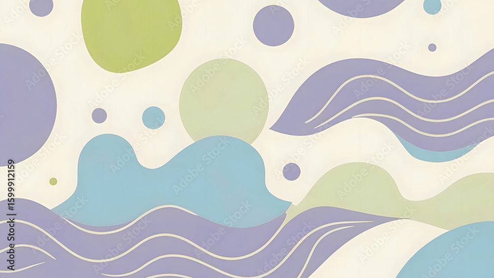Fototapeta premium Abstract illustration featuring rounded shapes and wavy lines in pastel shades of green, blue, and purple against a light background.