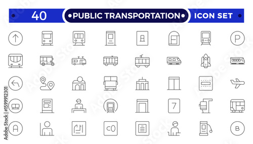 Public transportation outline Icons set. Contain icons related to vehicle, cars, truck, ship, boat, train, subway, motorcycle, motor scooter, and more.