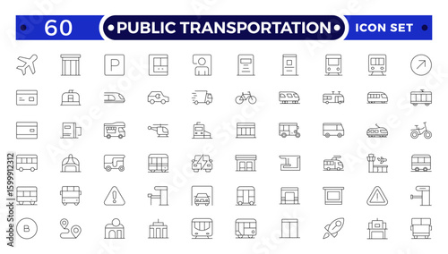 Public transportation outline Icons set. Contain icons related to vehicle, cars, truck, ship, boat, train, subway, motorcycle, motor scooter, and more.